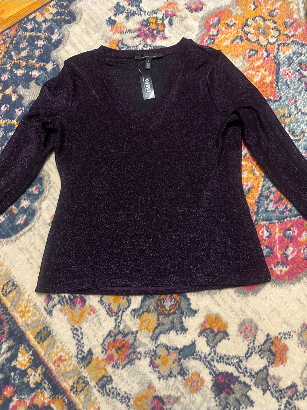 NWT White House Black Market Shimmery V-Neck Long Sleeve Top - Dark Plum